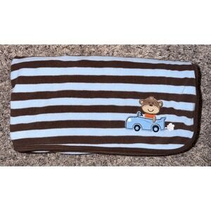 Carter's Vintage Blue Brown Stripe Monkey Car Fleece Baby Blanket 27x27